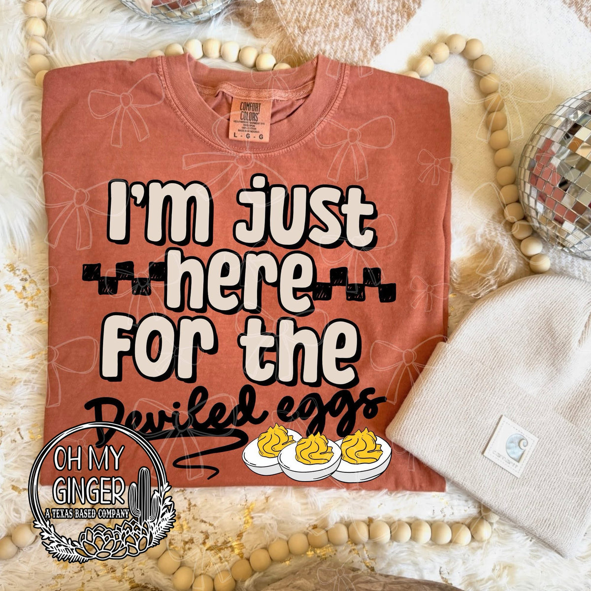 Here For The Deviled Eggs — deviled-egg illustrations with playful food-themed lettering