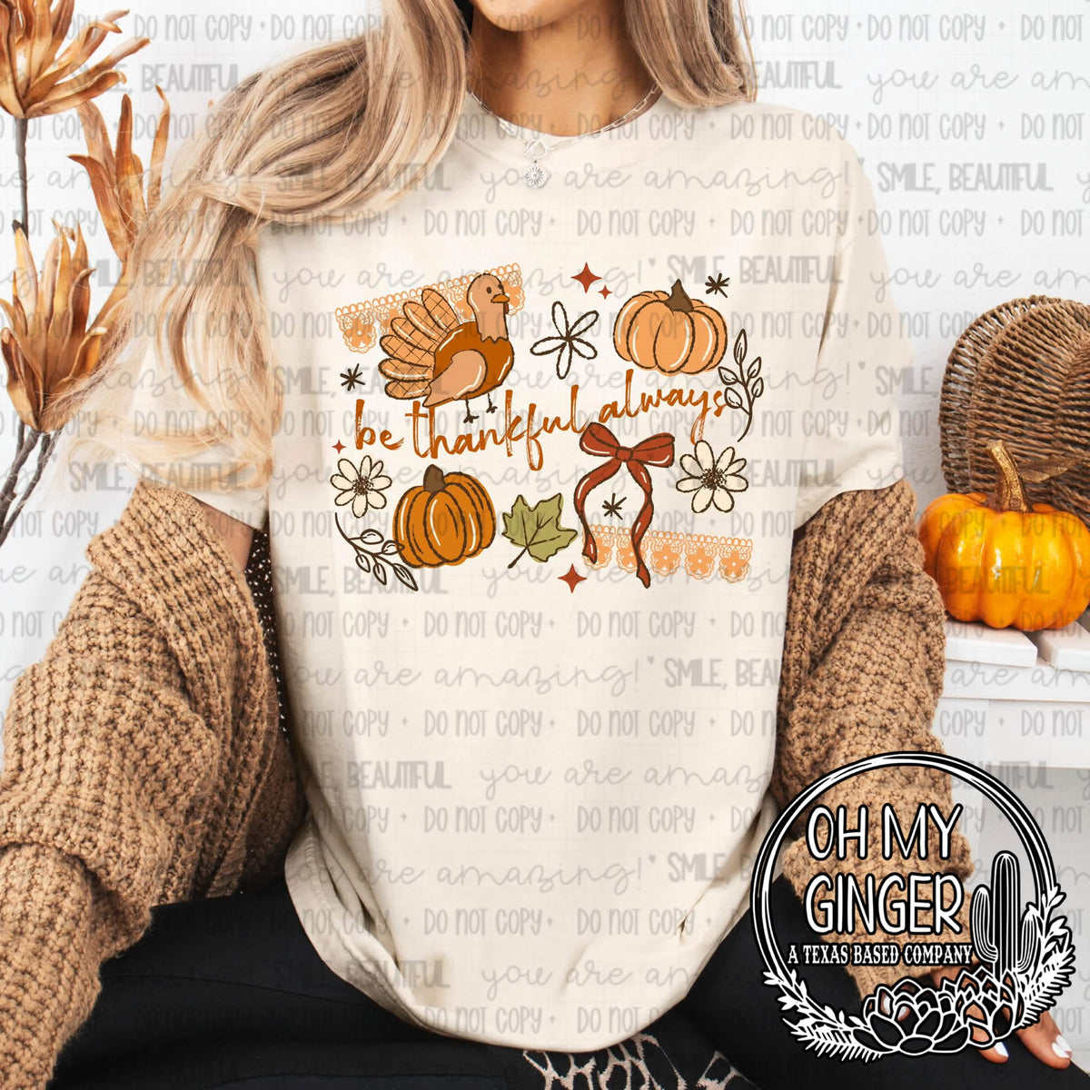 Be Thankful Always — pumpkins, autumn leaves and be-thankful-always lettering