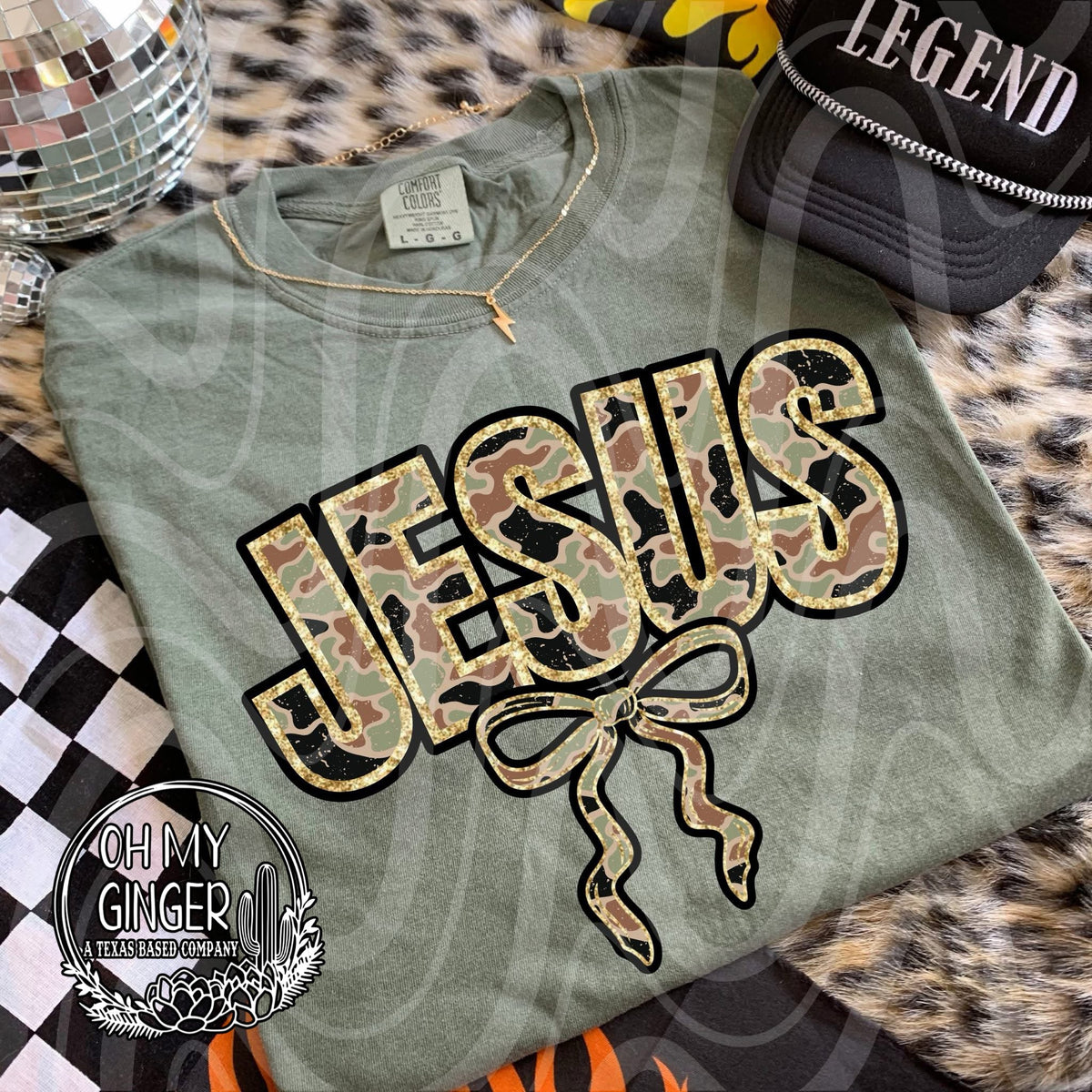 Camo Jesus Bow — camouflage JESUS lettering with a matching bow