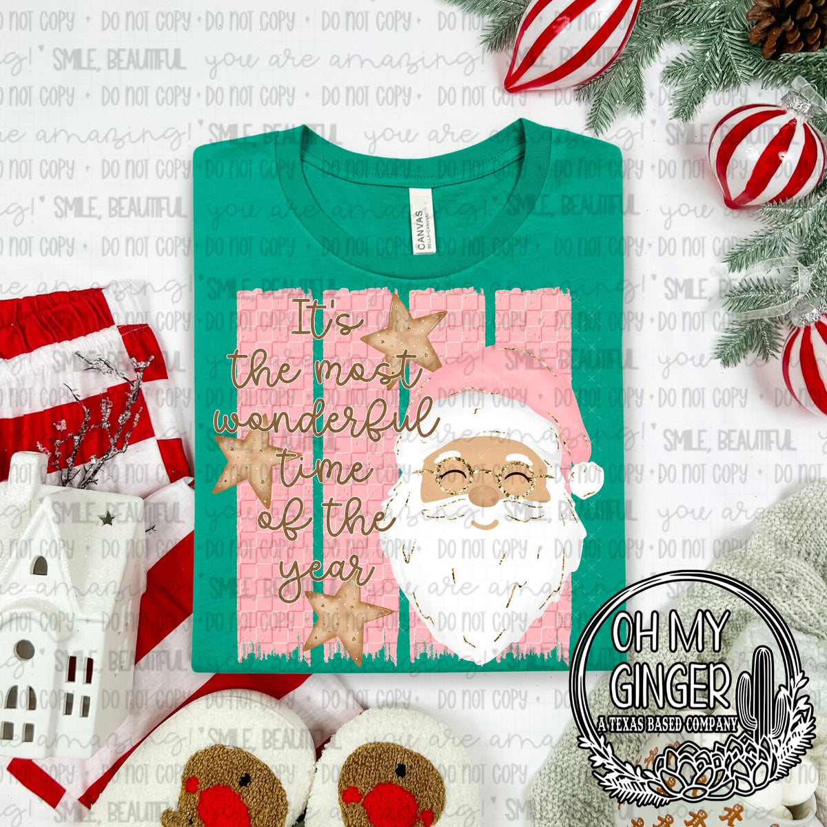 It’s The Most Wonderful Time Of The Years — a framed Santa portrait with pink and green holiday accents