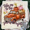 Take Me To The Pumpkin Patch — a vintage orange pickup loaded with pumpkins and pumpkin-patch lettering