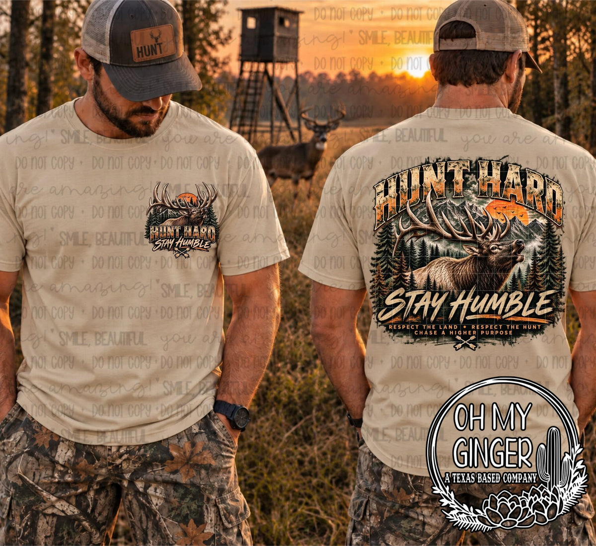 Hunt Hard Stay Humble — hunting artwork and hunt-hard-stay-humble lettering on front and back samples