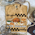 Get Your Fat Pants Ready — a Thanksgiving meal with playful fat-pants wording and checkerboard accents