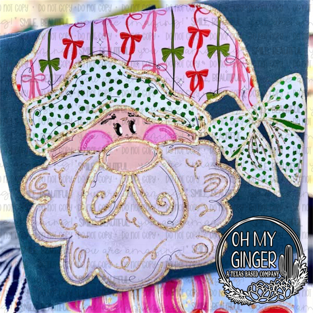 Gold Santa Bows — a pastel Santa face with gold-look outlines and patterned bows