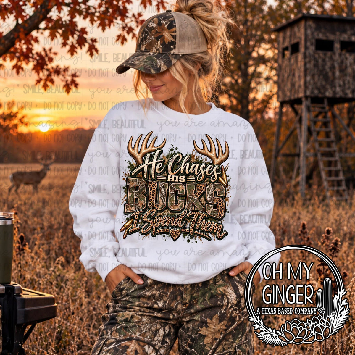 He Chases His Bucks — hunting-season lettering with antlers and camouflage accents