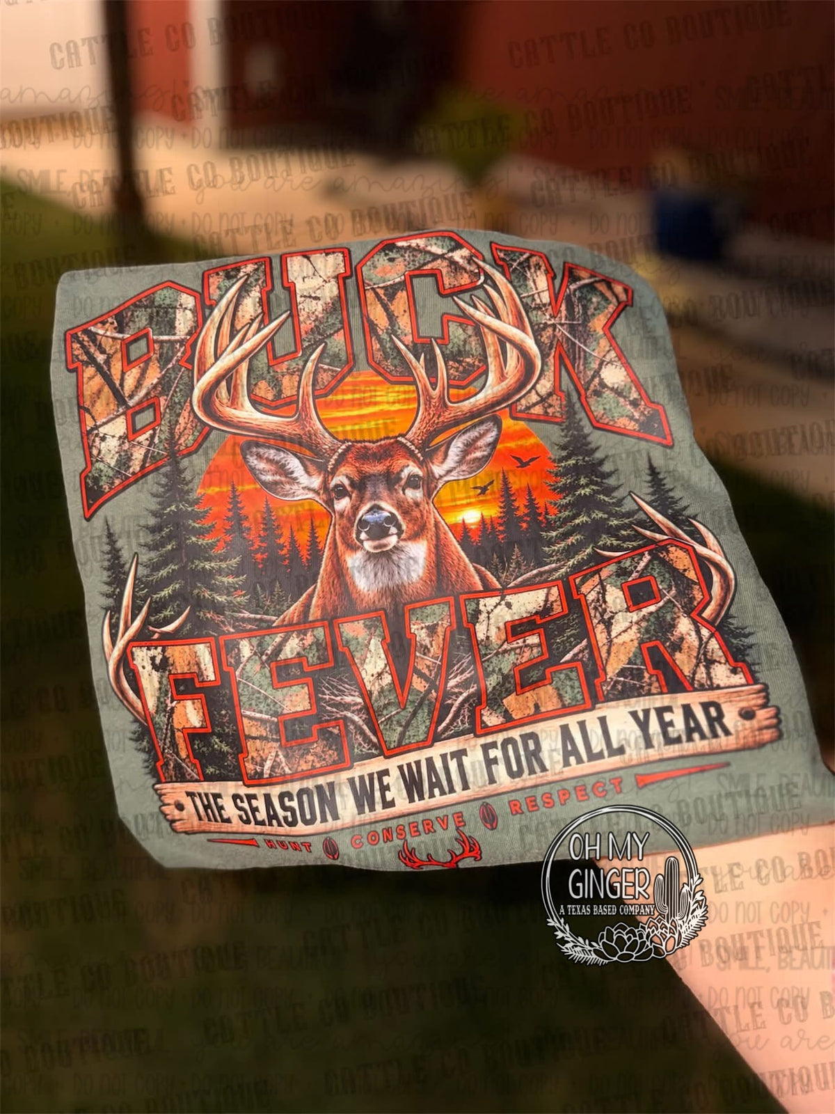 Buck Fever — a deer portrait with camouflage patterns and buck-fever lettering