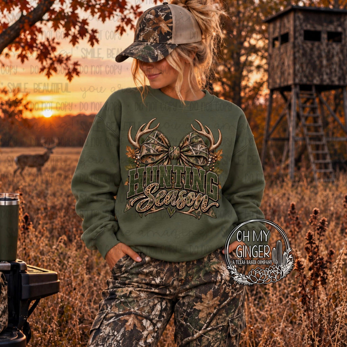 Hunting Season — antlers, woodland patterns and hunting-season lettering