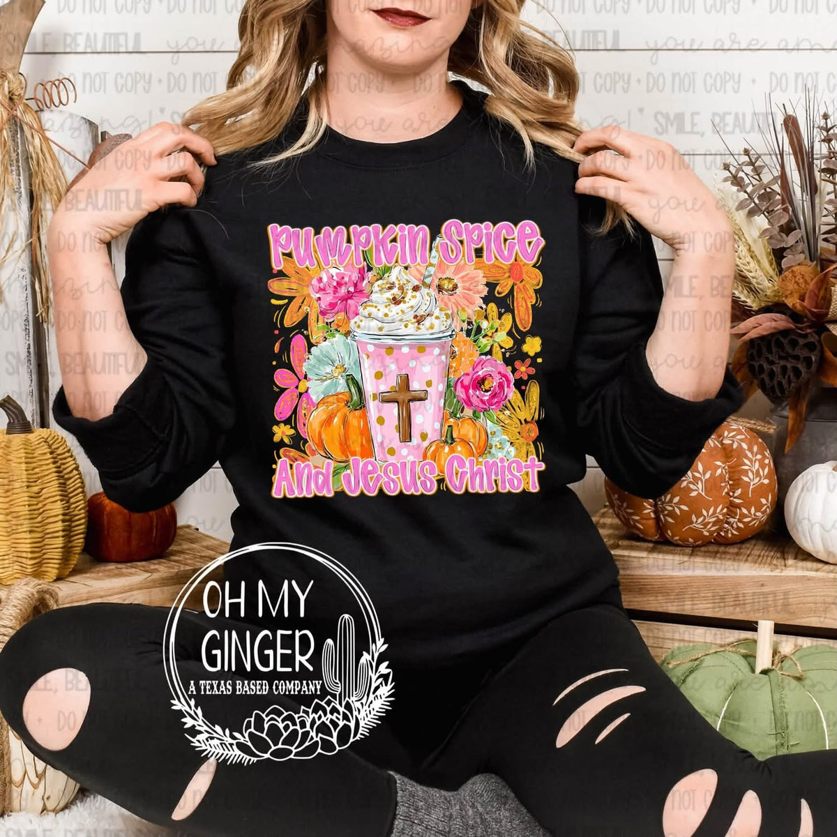 Pumpkin Spice & Jesus Christ — a cross, flowers and pumpkin-spice-and-Jesus-Christ lettering